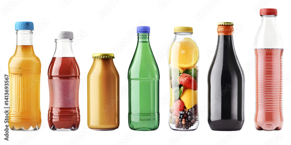 Realistic Photo of Multiple Bottles with Various Drinks and Fruit in Transparent Background Realistic Photo of Multiple Bottles with Various Drinks and Fruit in Transparent Background