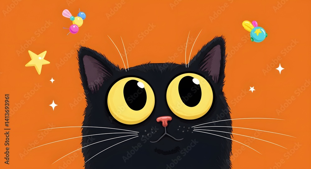 AI image displaying a cute cartoon black cat face with huge expressive yellow eyes looking forward, fun orange background with toys. AI image displaying a cute cartoon black cat face with huge expressive yellow eyes looking forward, fun orange background with toys.