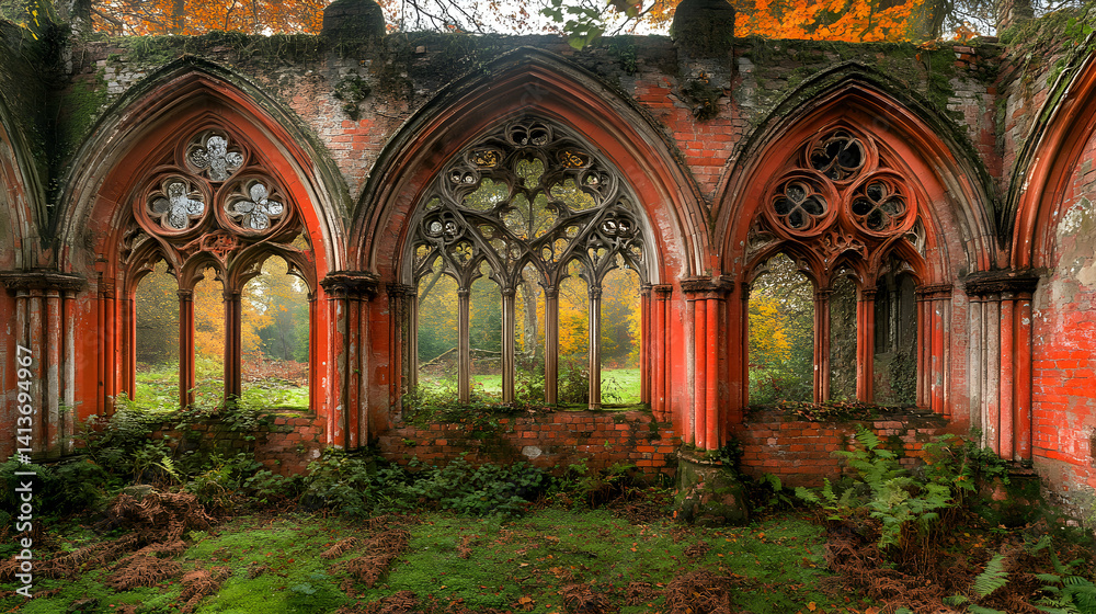 Fototapeta premium Enchanting autumnal scene of a moss-covered, red brick ruin with Gothic arches, overgrown with nature.