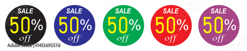 Colorful 50% Off Sale Stickers – Round Discount Labels for Promotions & Marketing
