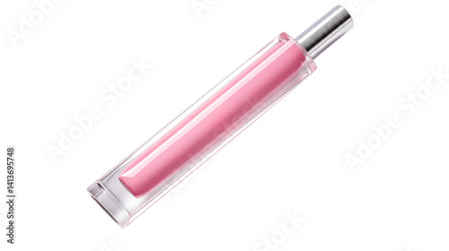 A tube of pink lip gloss with a silver applicator on a transparent background