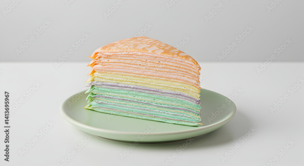 Slice Of Rainbow Crepe Cake Isolated On White Background Culinary Slice Of Rainbow Crepe Cake Isolated On White Background Culinary