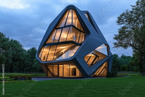 A geometric abstract semi-detached house design, with sharp lines and symmetry