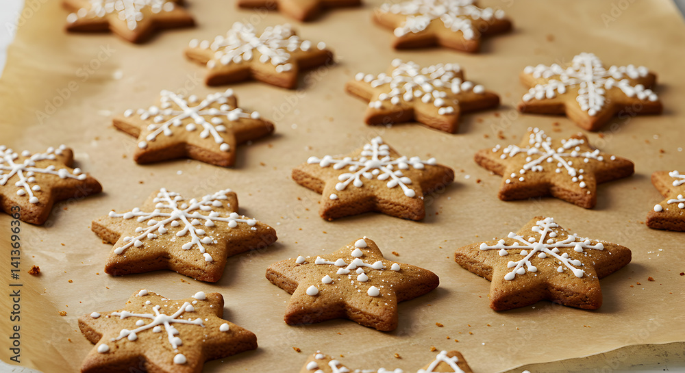 Star Shaped Gingerbread Cookies Decorated with Snowflake Frosting For Christmas Star Shaped Gingerbread Cookies Decorated with Snowflake Frosting For Christmas