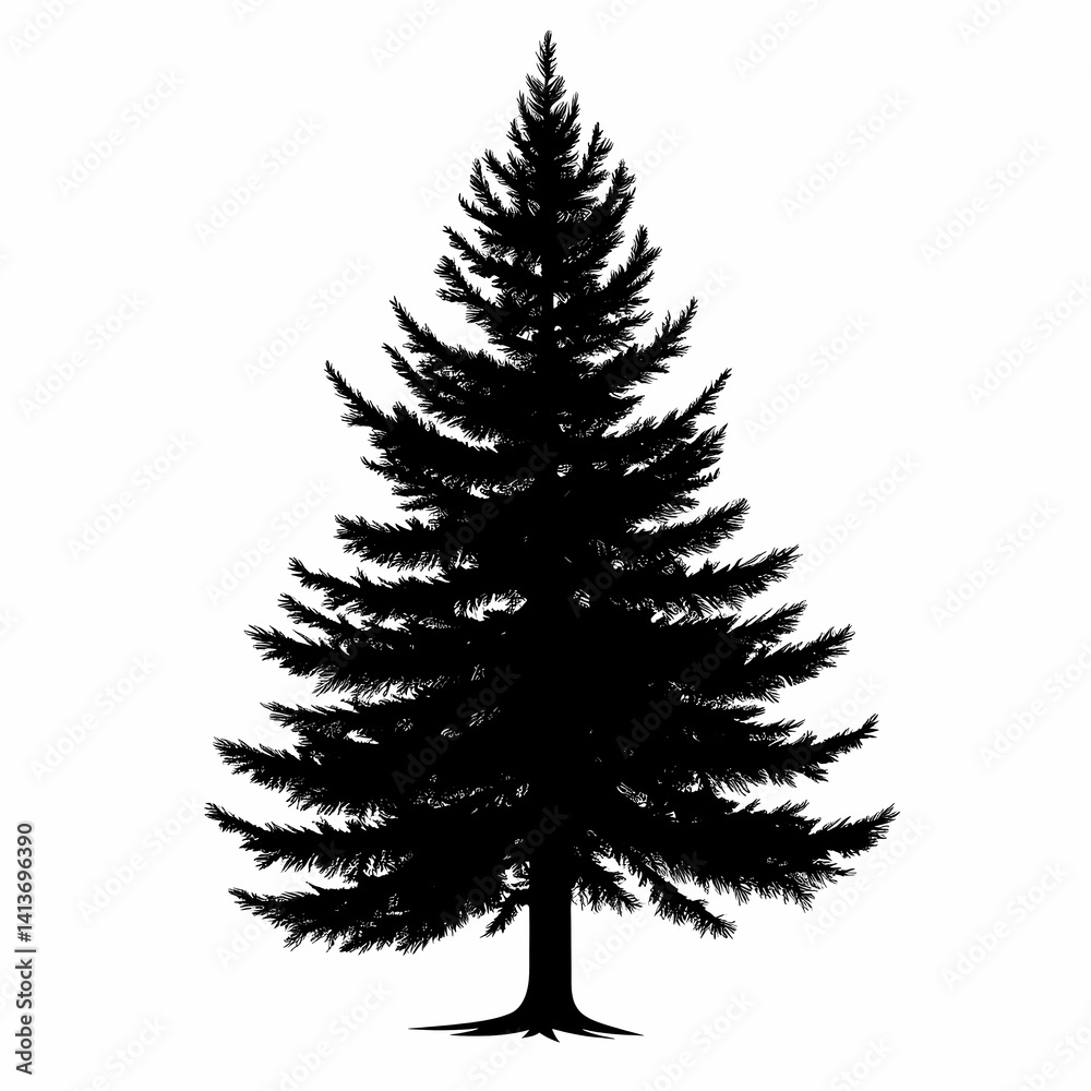 Obraz premium Evergreen Spruce Tree Silhouette - Minimalist Black Woodland Landscape Illustration
