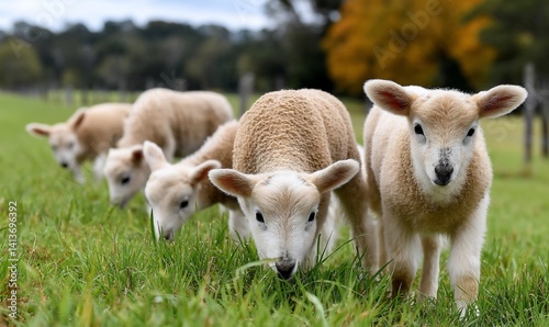 Fluffy lambs graze in a field
