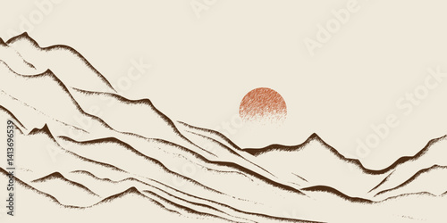 Mountain landscape in sepia tones, minimalism, imitation pencil drawing, stroke texture, imitation engraving, vector illustration