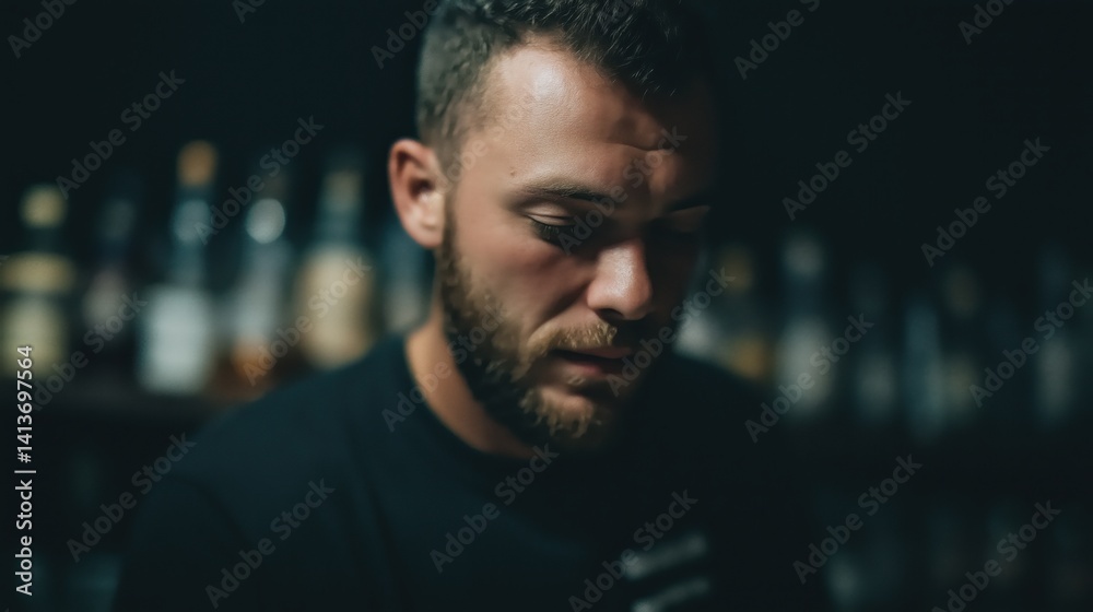 Bartender preparing drinks in a dimly lit bar filled with bottles during a lively evening.