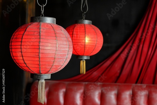 A haunted Chinese opera house where shadowy spirits perform under flickering red lanterns