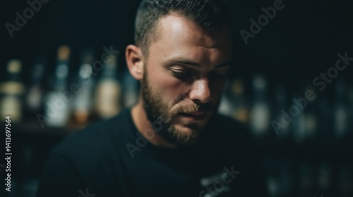 Obraz na płótnie Bartender preparing drinks in a dimly lit bar filled with bottles during a lively evening. w salonie