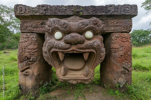 A hidden temple deep in the jungle, guarded by stone tigers with glowing eyes