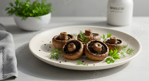 Delicious Brown Button Mushrooms Garnished With Herbs on a Plate