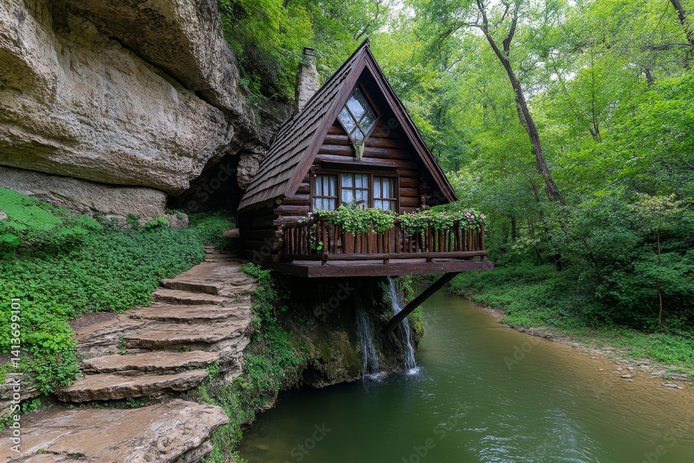 A log cabin beside a rushing waterfall, built into the rocky cliffside A log cabin beside a rushing waterfall, built into the rocky cliffside