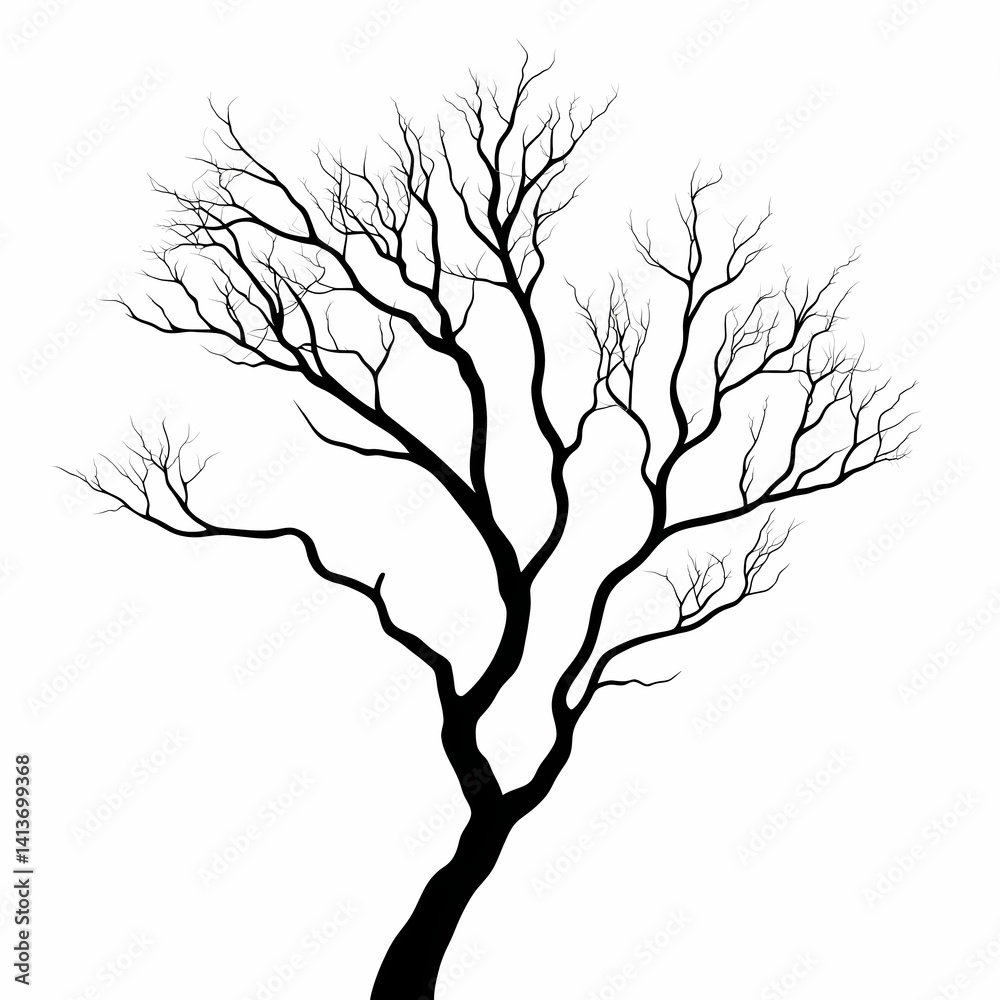 Fototapeta premium Artistic Black and White Tree Silhouette: Leafless Branches in Winter Landscape - Minimalistic Vector Design