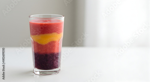 Delicious Layered Fruit Smoothie In Glass Cup On Bright White Table Top