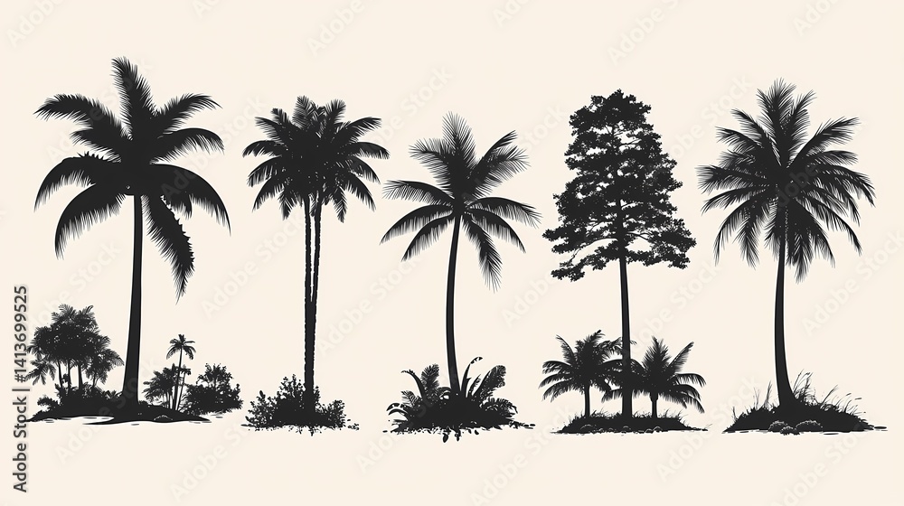Fototapeta premium Tropical Paradise Illustration: Black and White Palm Tree Silhouettes for Minimalist Home Decor and Nature Art Designs