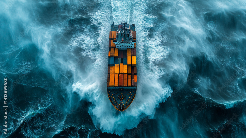 A container ship battles massive waves in a turbulent ocean seen from above symbolizing volatile markets economic instability and the struggle to navigate financial crises in uncertain times