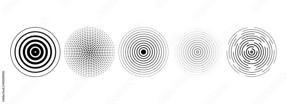 Black concentric circles set. Rippled and dashed sound wave rings collection. Epicenter, target, radar, sonar icon concept. Radial radio signal or vibration elements. Linear halftone symbols. Vector