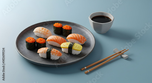 Delicious Sushi Platter With Chopsticks And Soy Sauce For Asian Cuisine