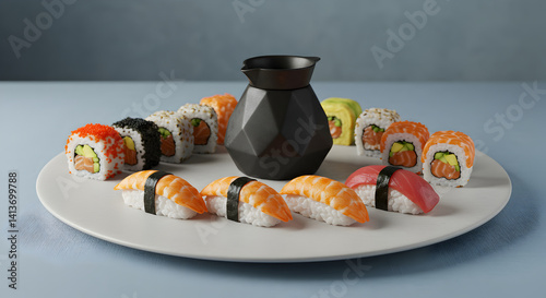 Delicious Sushi Selection Displayed on Elegant White Plate With Stylish Soy Sauce Dispenser