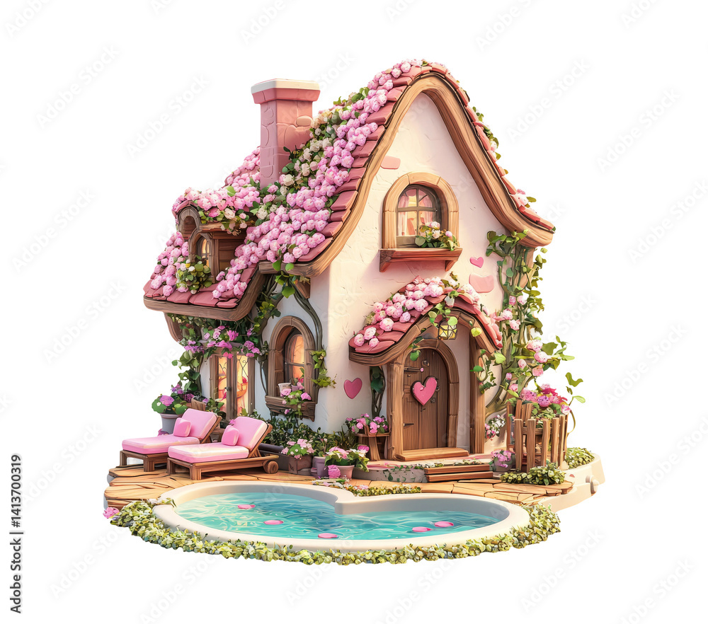 Fototapeta premium Charming Fantasy Cottage Surrounded by Blooming Flowers and Pool