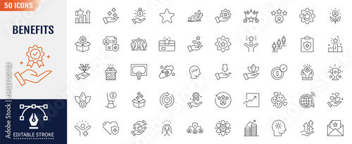 Benefits line editable icon set. Containing quality, teamwork, productivity. Vector illustration