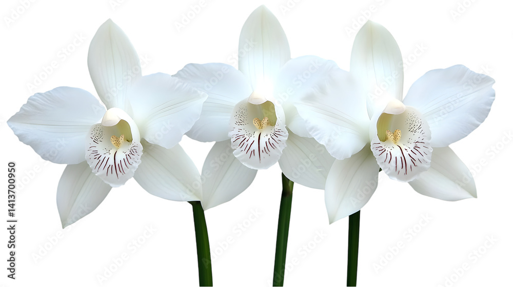 Three Elegant White Orchids Blossoms Isolated on a Transparent Background