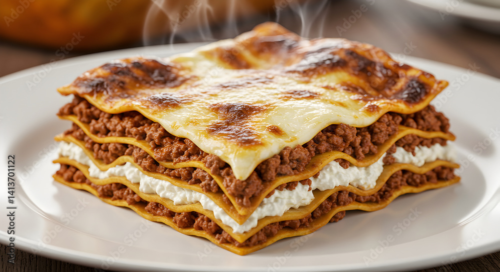 Delicious Homemade Lasagna With Meat and Cheese Layers On White Plate Delicious Homemade Lasagna With Meat and Cheese Layers On White Plate
