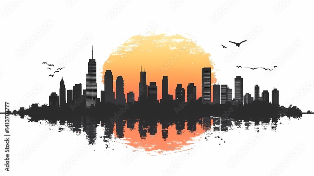 Fototapeta premium Colorful Cityscape Skyline at Sunset with Urban Silhouettes and Reflection