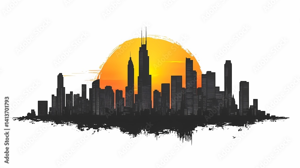 custom made wallpaper toronto digitalVibrant Urban Skyline at Sunset: A Silhouetted Cityscape Illustration