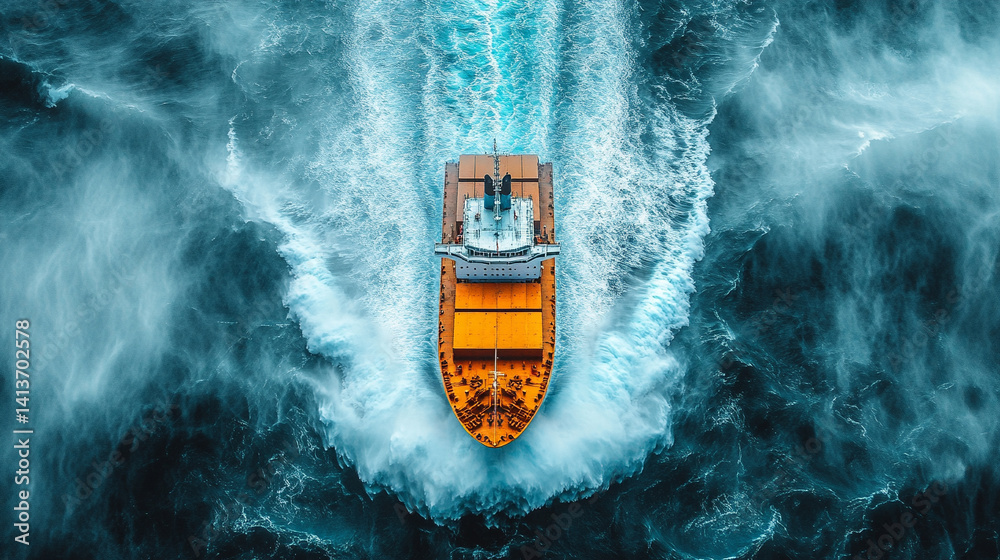 A container ship battles massive waves in a turbulent ocean seen from above symbolizing volatile markets economic instability and the struggle to navigate financial crises in uncertain times
