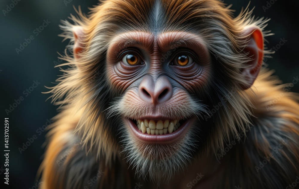 Smiling Monkey Portrait Close Up with Detailed Fur and Teeth Smiling Monkey Portrait Close Up with Detailed Fur and Teeth