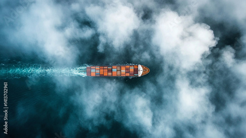 
A container ship battles massive waves in a turbulent ocean seen from above symbolizing volatile markets economic instability and the struggle to navigate financial crises in uncertain times

