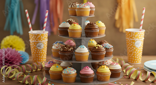 Sweet Celebration Tiered Cupcakes Display with Festive Party Decorations Backdrop