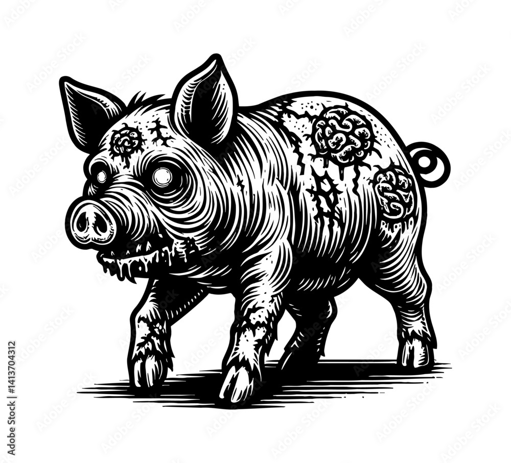 Fototapeta premium Terrifying zombie pig boar hog attacks in horror undead apocalypse scene. 