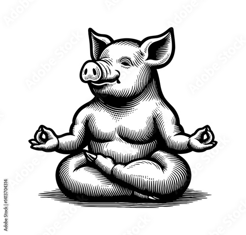 Boar Hog Pig doing yoga meditation cross-legged pose for mindfulness and wellness