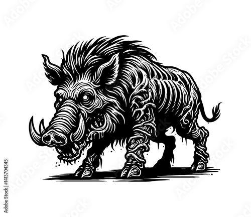Mutated pig boar hog zombie is scary, horror creature in a zombie apocalypse scene
