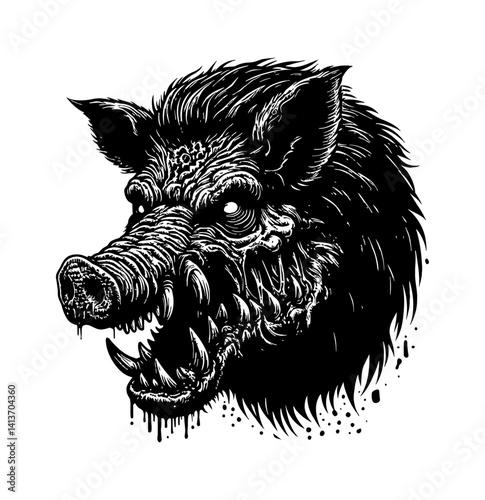 Creepy Pig Zombie Hog Boar with menacing expression in a dark Undead Apocalypse World
