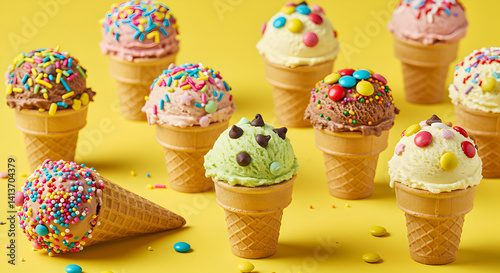 Colorful Ice Cream Cones Collection On A Vibrant Yellow Background