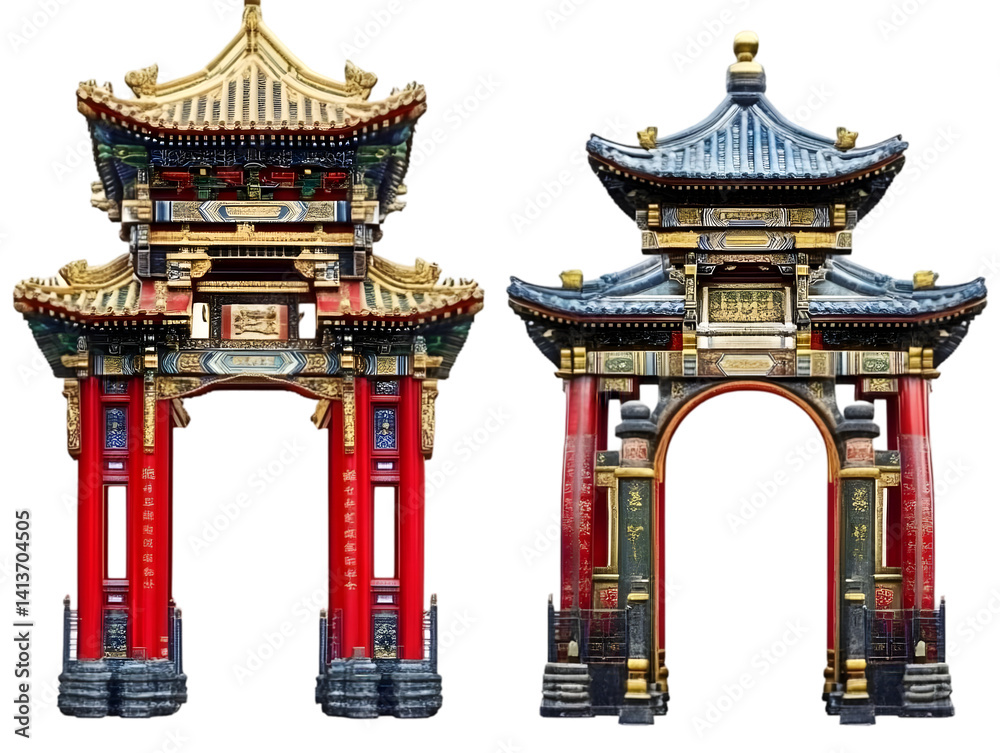 Fototapeta premium Two Ornate Traditional Chinese Gates Against a Transparent Background Photo