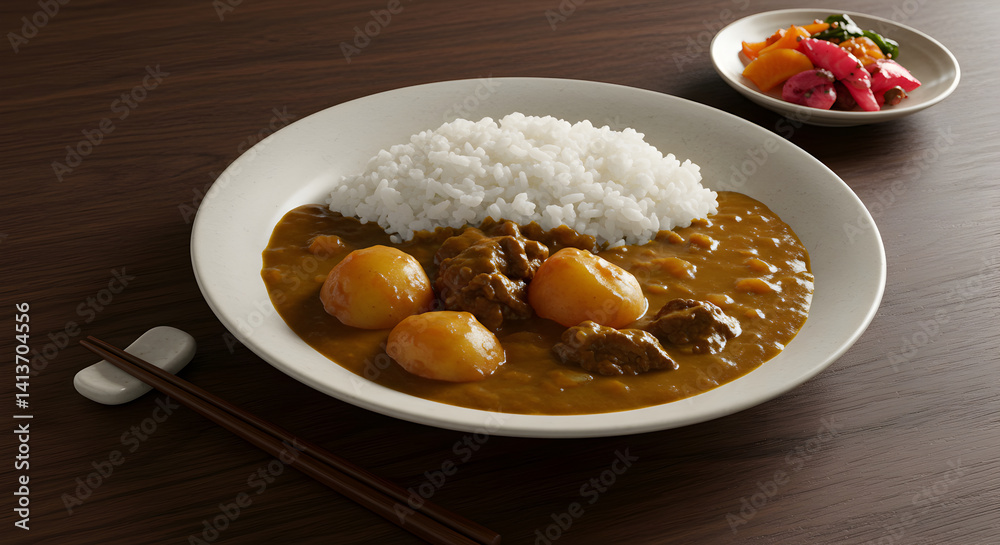 Delectable Plate Of Japanese Curry With Tender Meat And Rice On A Wooden Table Delectable Plate Of Japanese Curry With Tender Meat And Rice On A Wooden Table