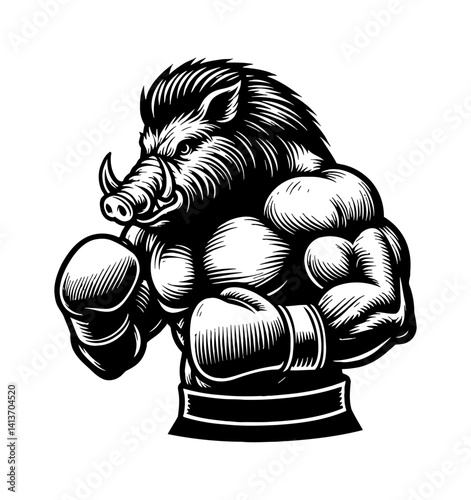 Cartoon Pig Boar Hog Boxer Punching with Boxing Gloves in a Fighting Stance Ready to Strike