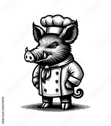 Happy Pig Chef Cooking Food in Restaurant Kitchen with Culinary Utensils