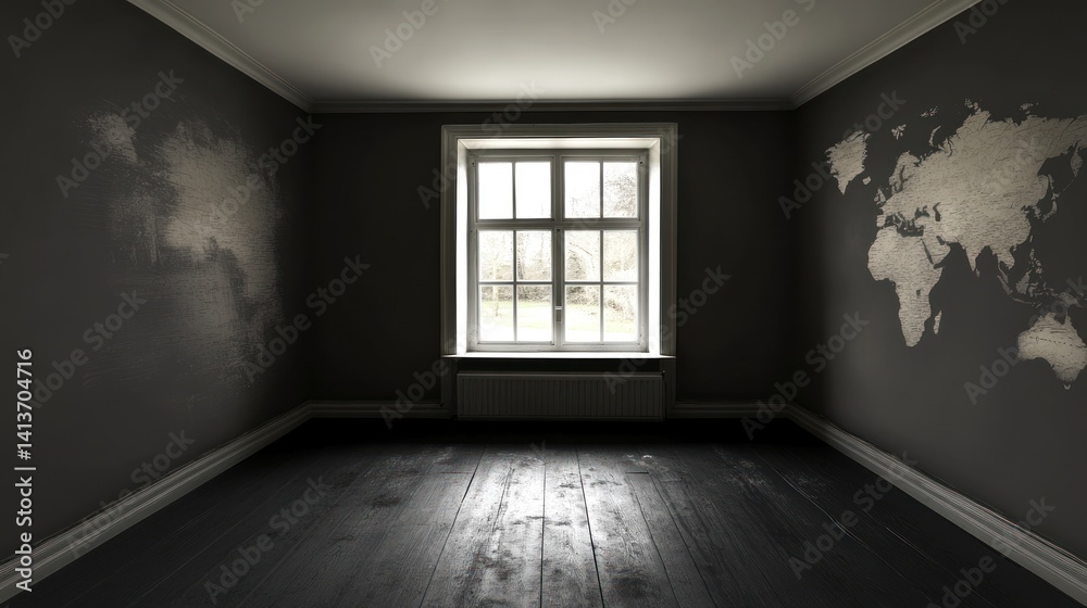 Fototapeta premium illuminated world map in a darkened room featuring a window overlooking an outdoors scene suggesting travel and global connection themes
