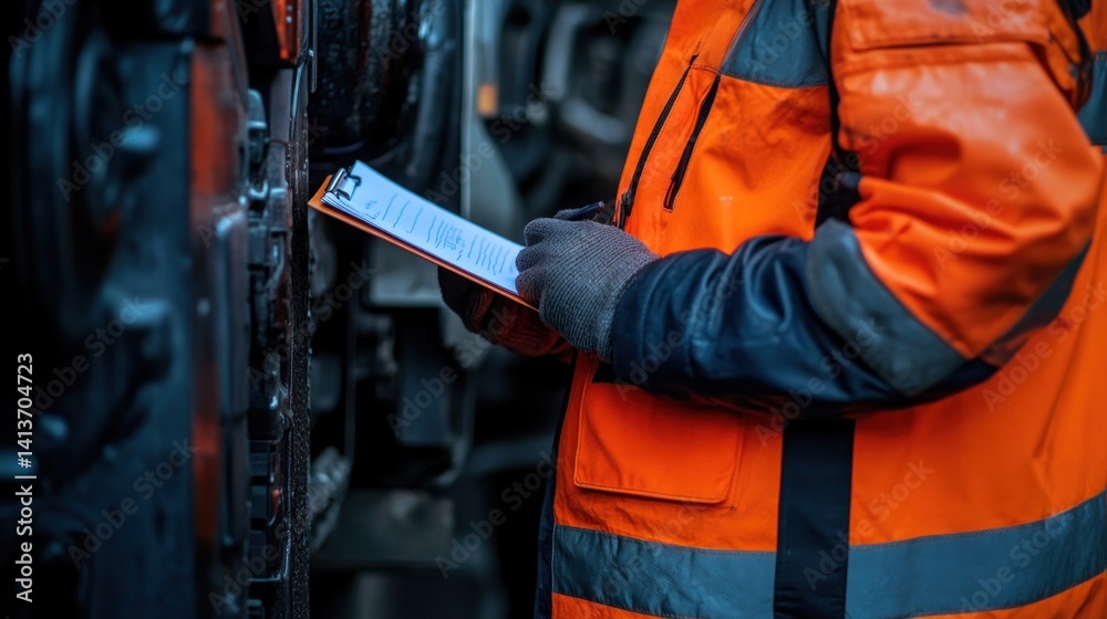 inspector scrutinizing machinery and noting details with a pen on a clipboard in an industrial setting wearing a safety reflective jacket inspector scrutinizing machinery and noting details with a pen on a clipboard in an industrial setting wearing a safety reflective jacket