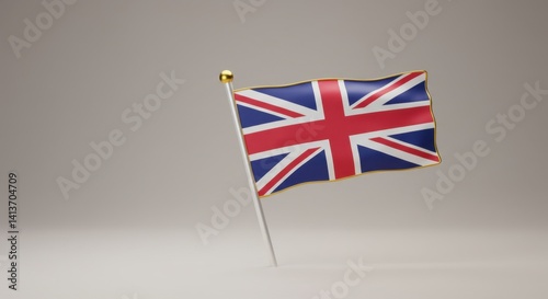A 3D Render of the United Kingdom Flag Waving on a Small Desk Flagpole Against a Neutral Background