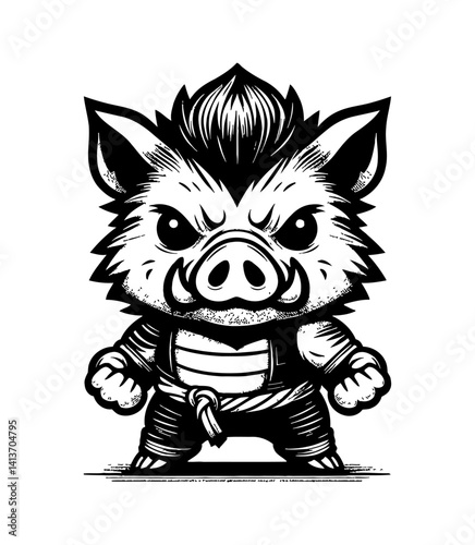 Tiny baby pig boar hog menacing with fierce expression in chibi and cute style
