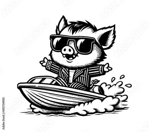 Cute Pig Hog Boar Chibi Having Fun on Speedboat Ride in Summer Fashion Lifestyle