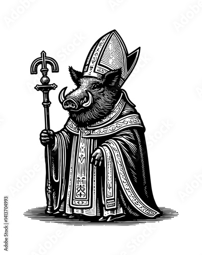 Fantasy Pig Cleric Casting Healing Spell, Wearing Holy Symbol, Support Character Illustration