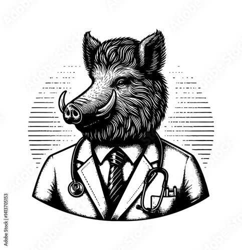 Pig Doctor with stethoscope checks health of boar at hospital illustration cartoon